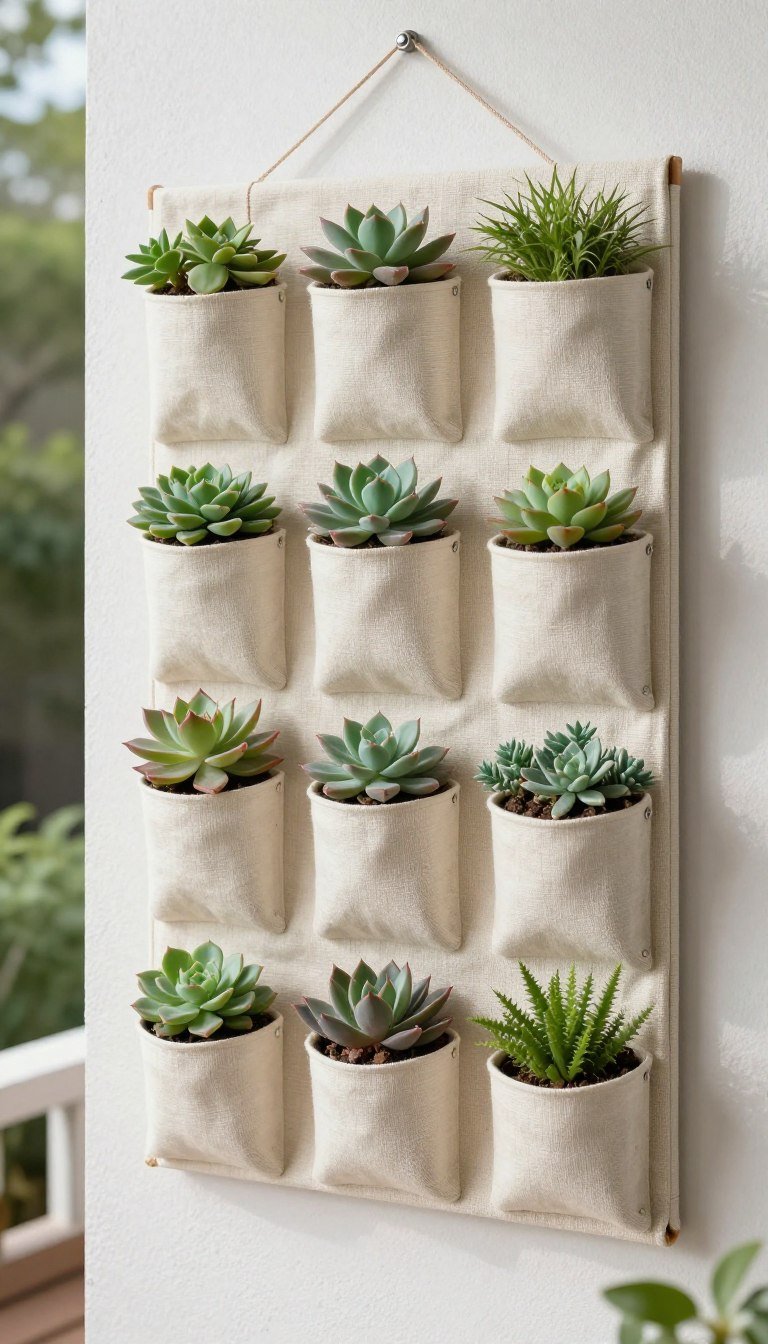 Creative vertical succulent garden made from hanging shoe organizer pockets