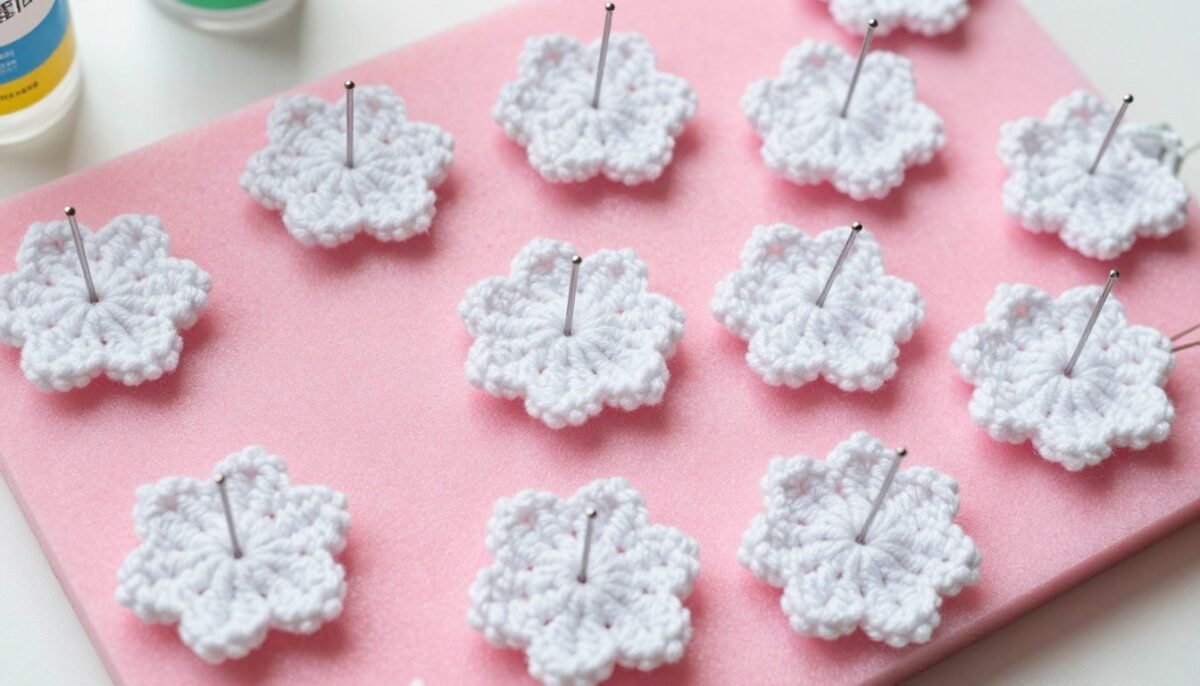 Crochet flower pinned to blocking board showing blocking process