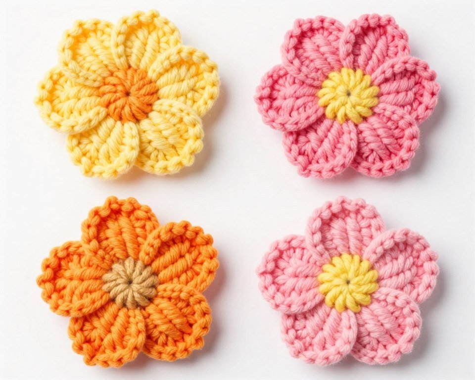 Crochet flowers made with gradient yarn showing automatic color transitions