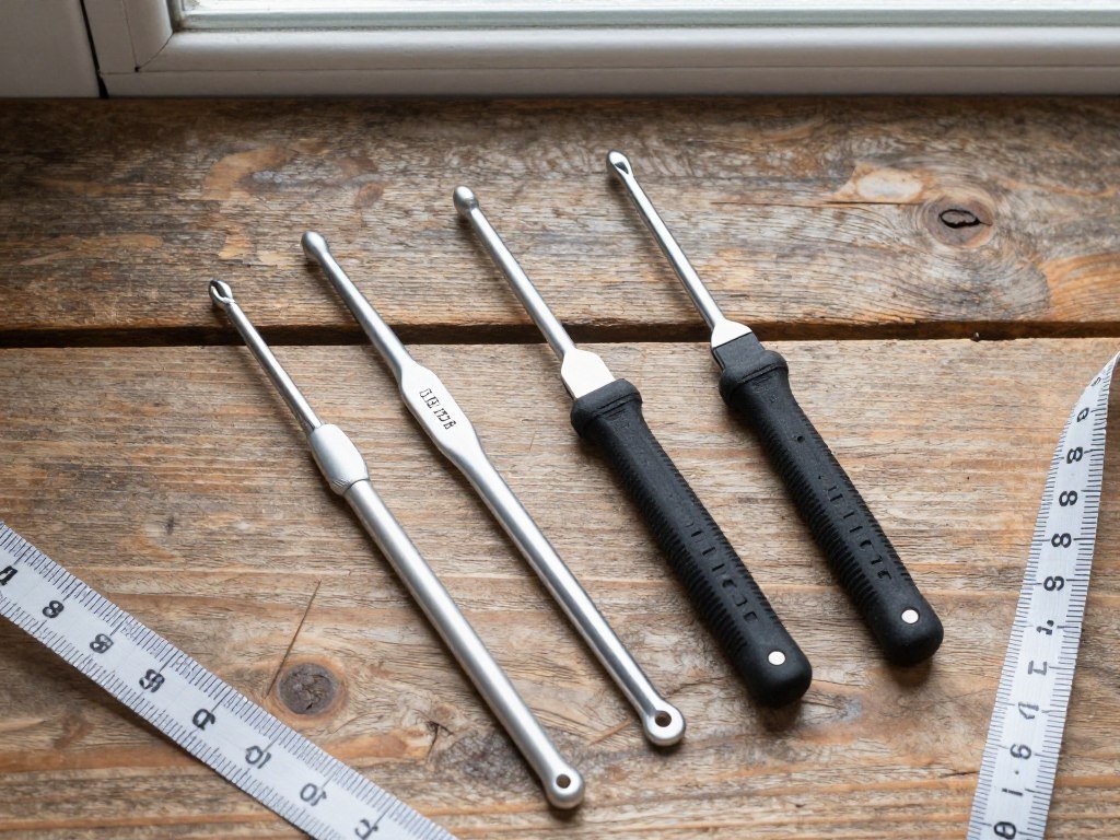 Crochet hooks size H and I on wooden surface