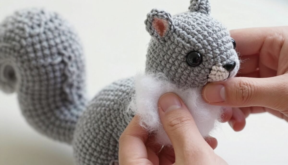 Crochet squirrel body piece showing proper stuffing and shaping technique