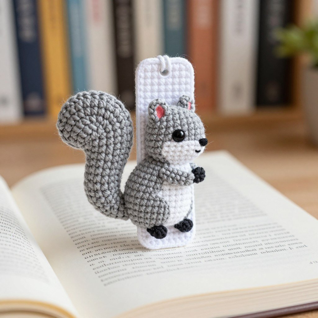 Crochet squirrel bookmark with long flat tail