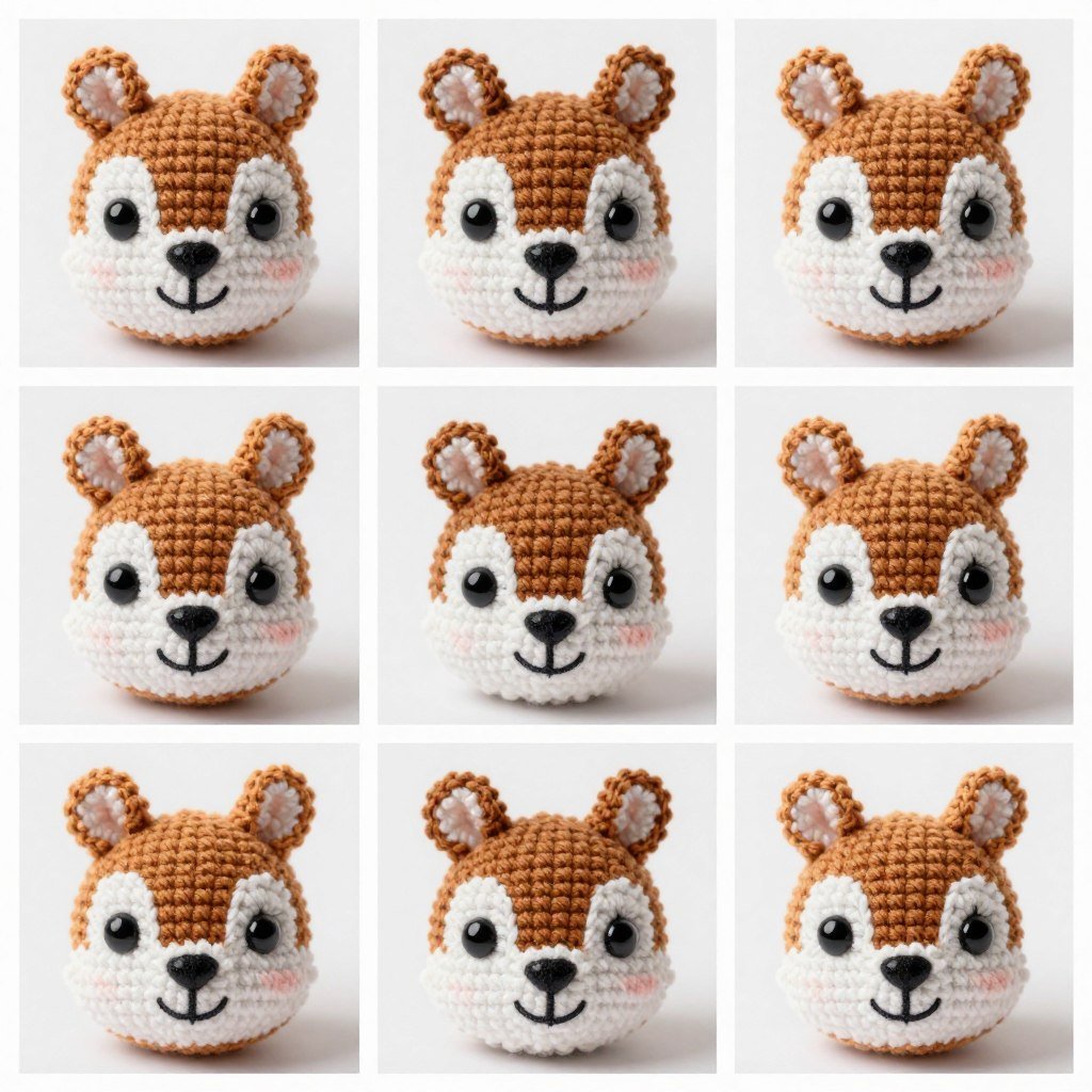 Crochet squirrel face showing poorly placed safety eyes