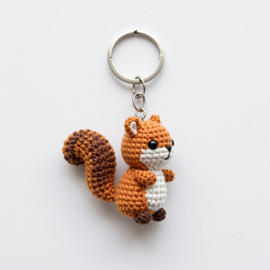 Crochet squirrel keychain with metal ring attachment