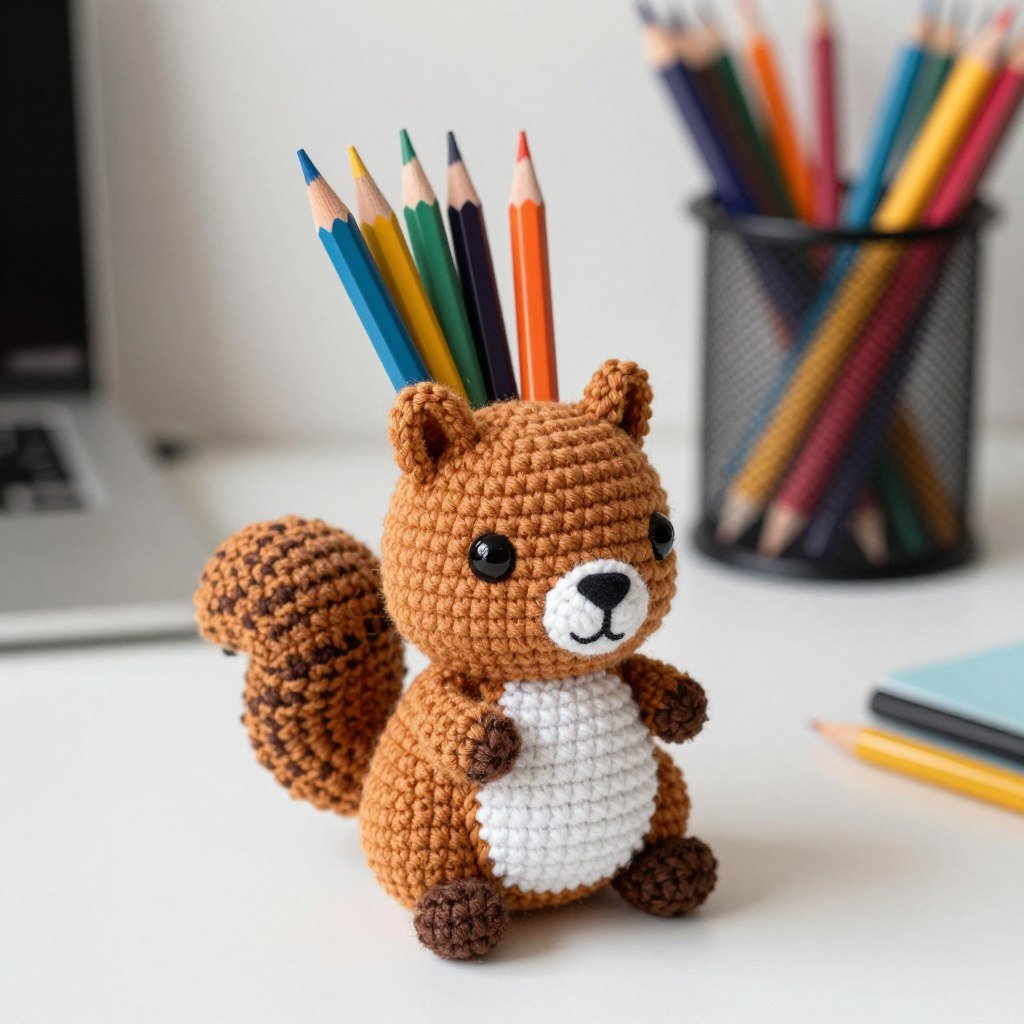 Crochet squirrel pencil holder or desk organizer