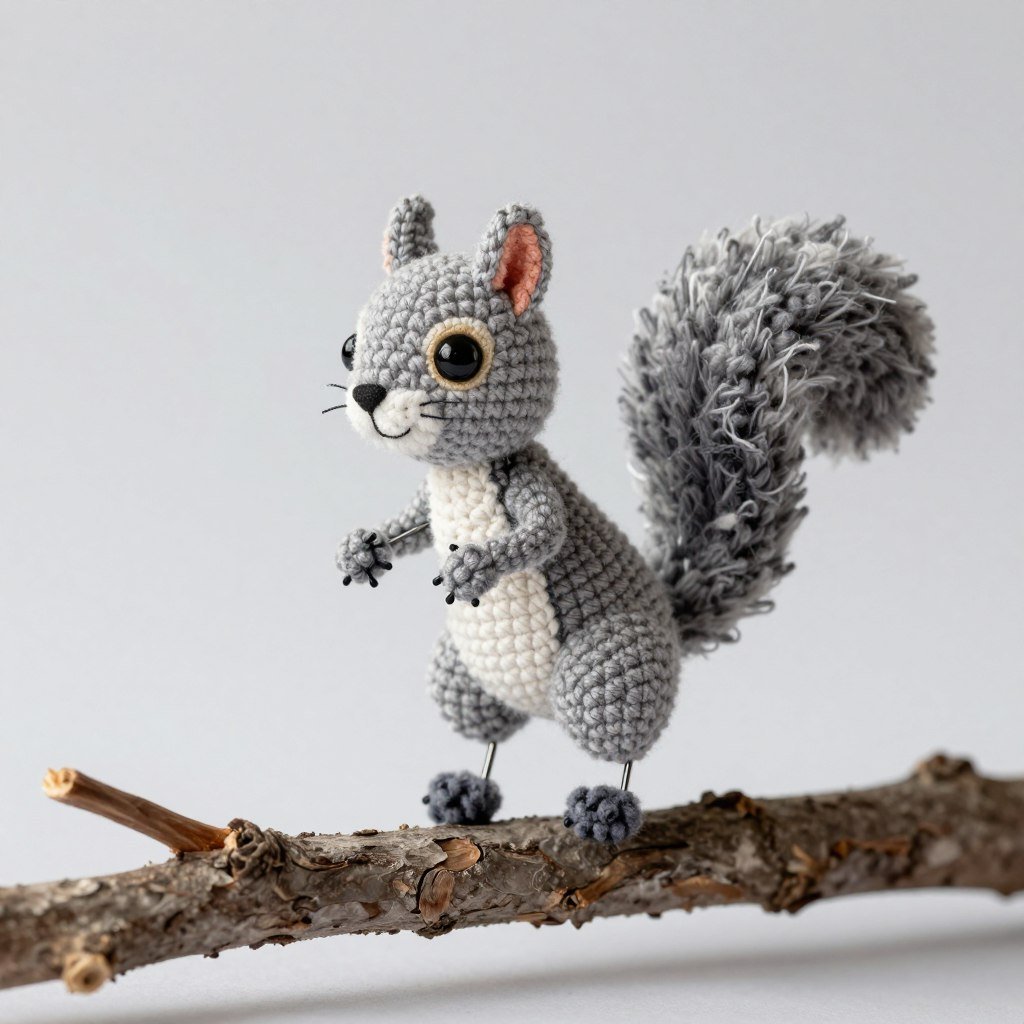 Crochet squirrel with poseable wire armature in legs