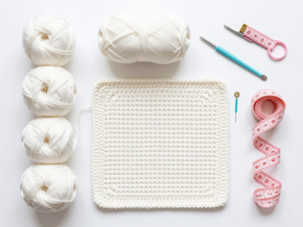 Crochet supplies laid out including white yarn skeins, crochet hook, scissors, and measuring tape