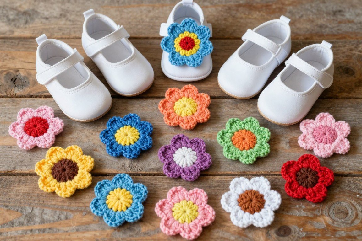 Crocheted flower embellishments for baby mary jane shoes