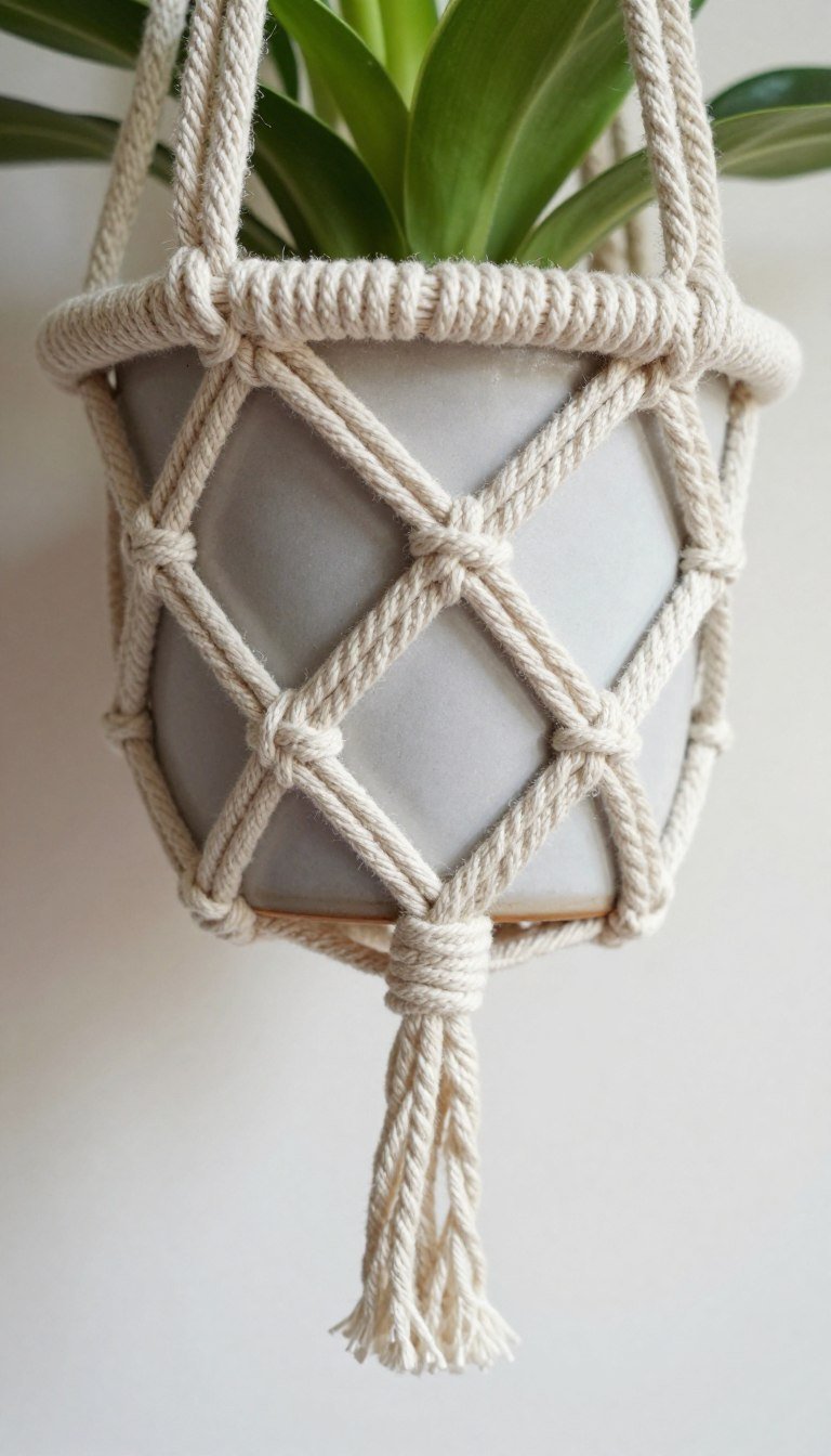 Cross-knot macrame basket design with woven appearance