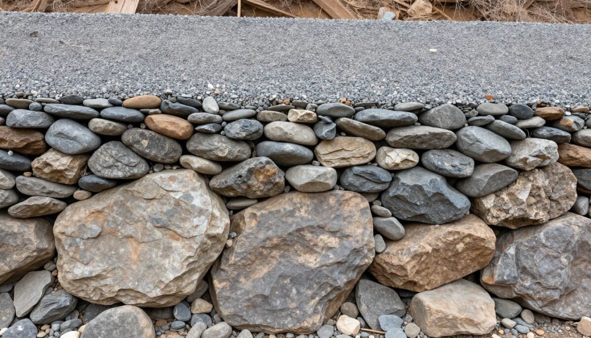 Cross-section view showing rock size gradients in dry creek bed