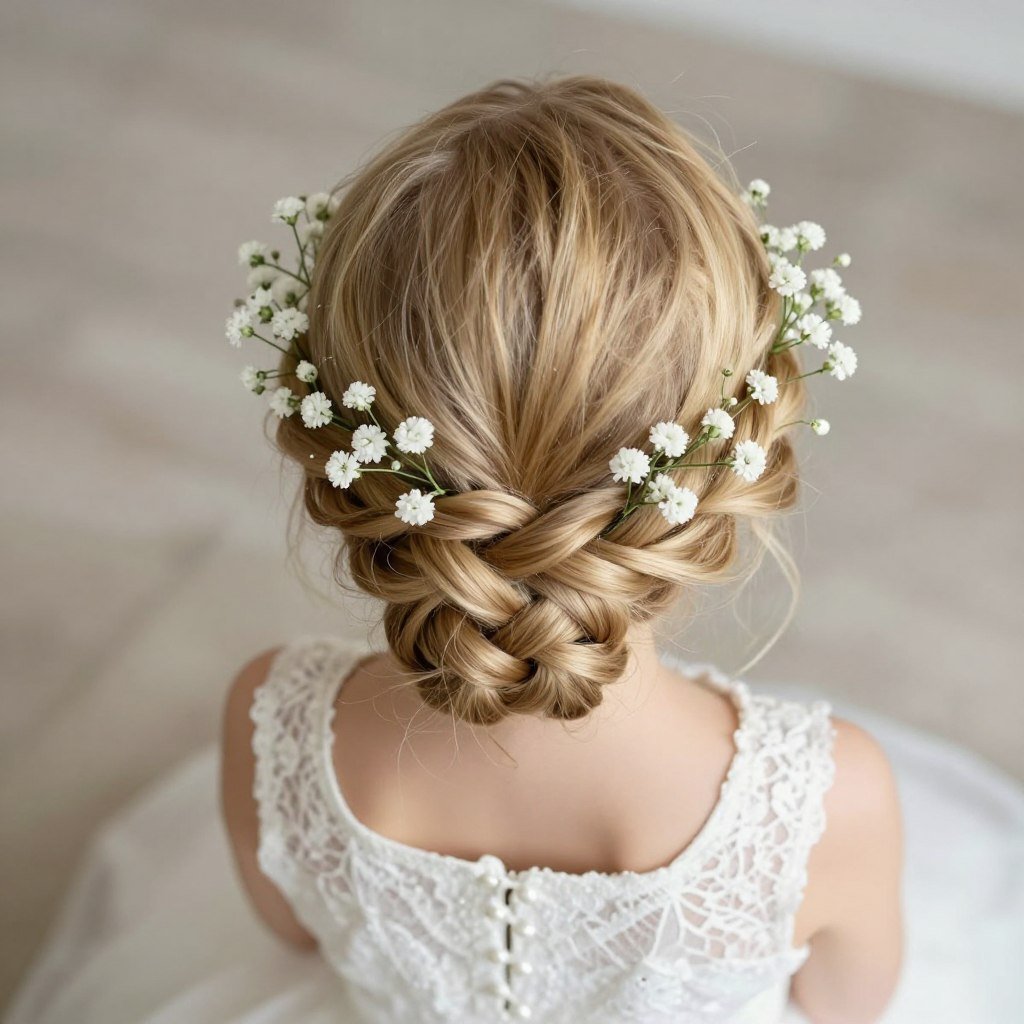 Crown braid hairstyle for flower girl decorated with baby's breath flowers