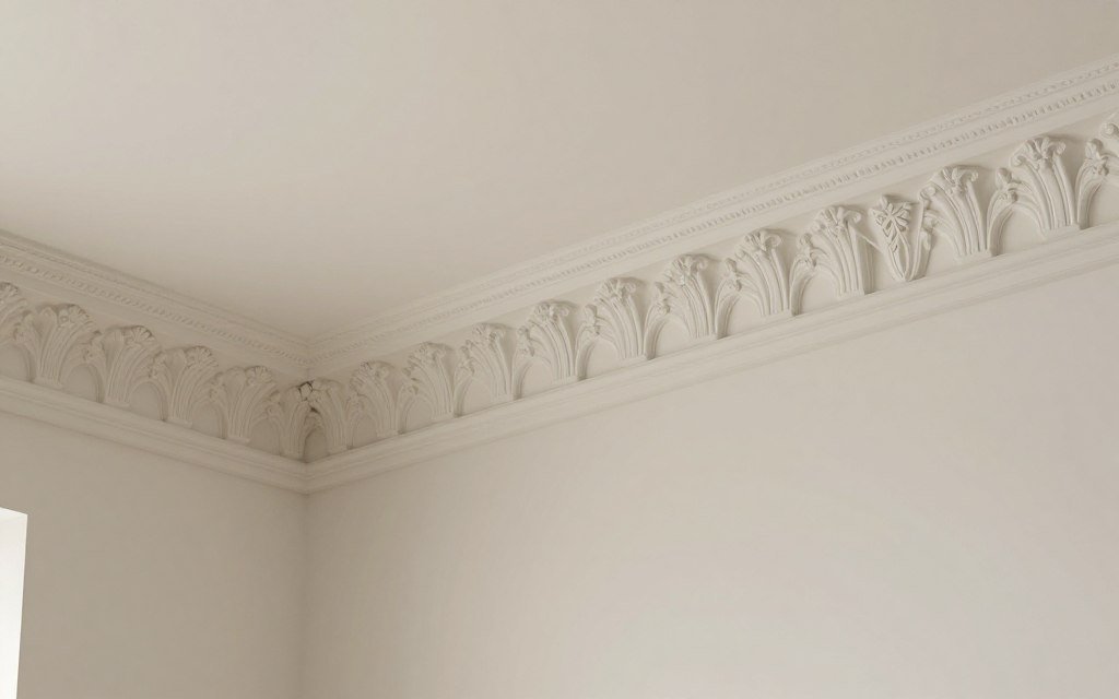 Crown molding detail where walls meet ceiling in elegant room