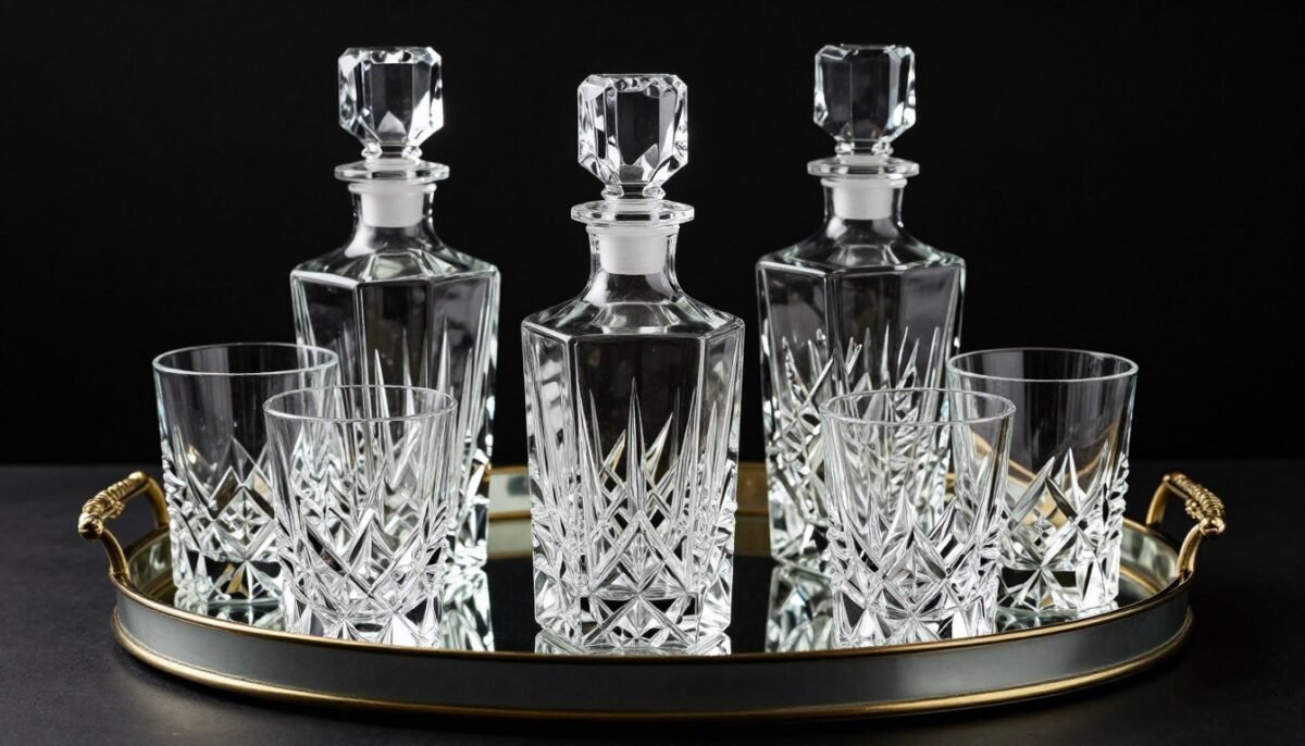 Crystal decanters and Art Deco glassware on mirrored bar tray