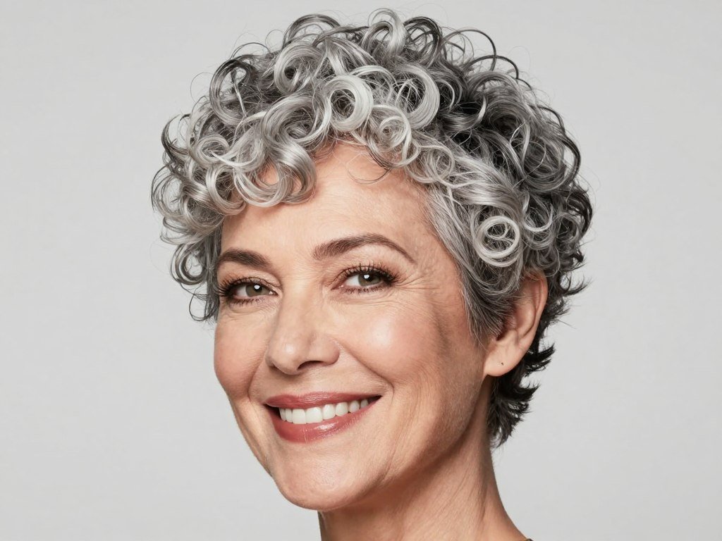 Curly gray pixie cut showing natural curl texture and volume