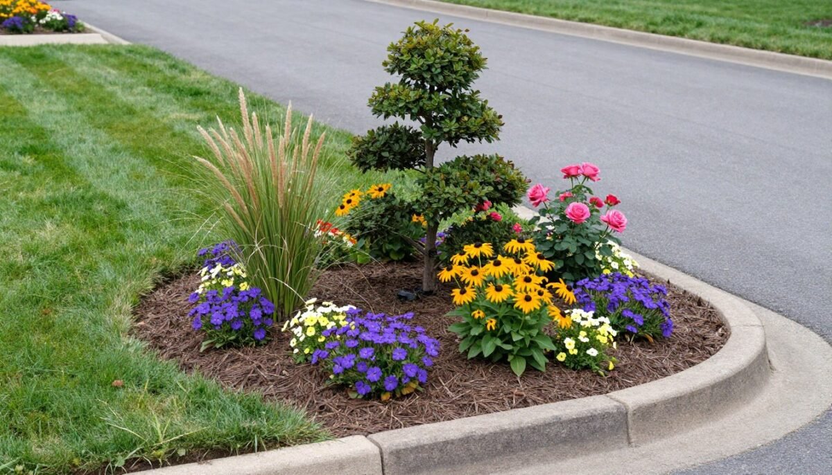 Curved corner flower bed with mixed plantings