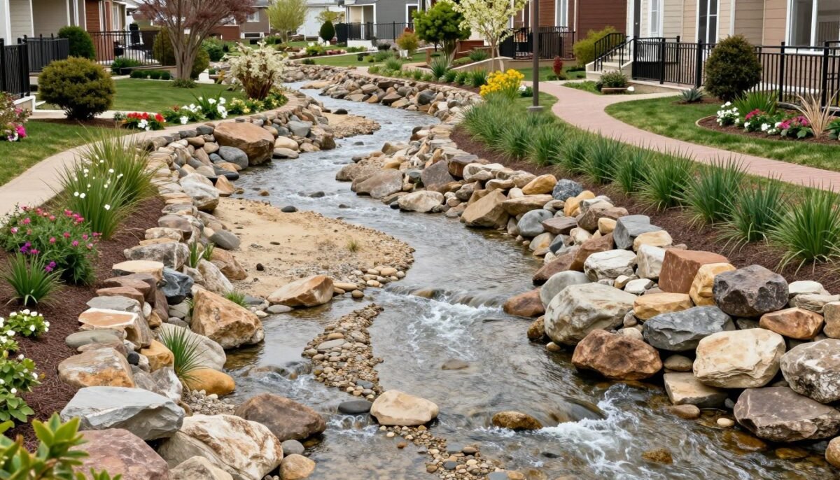 Curved meandering dry creek bed through landscaped yard