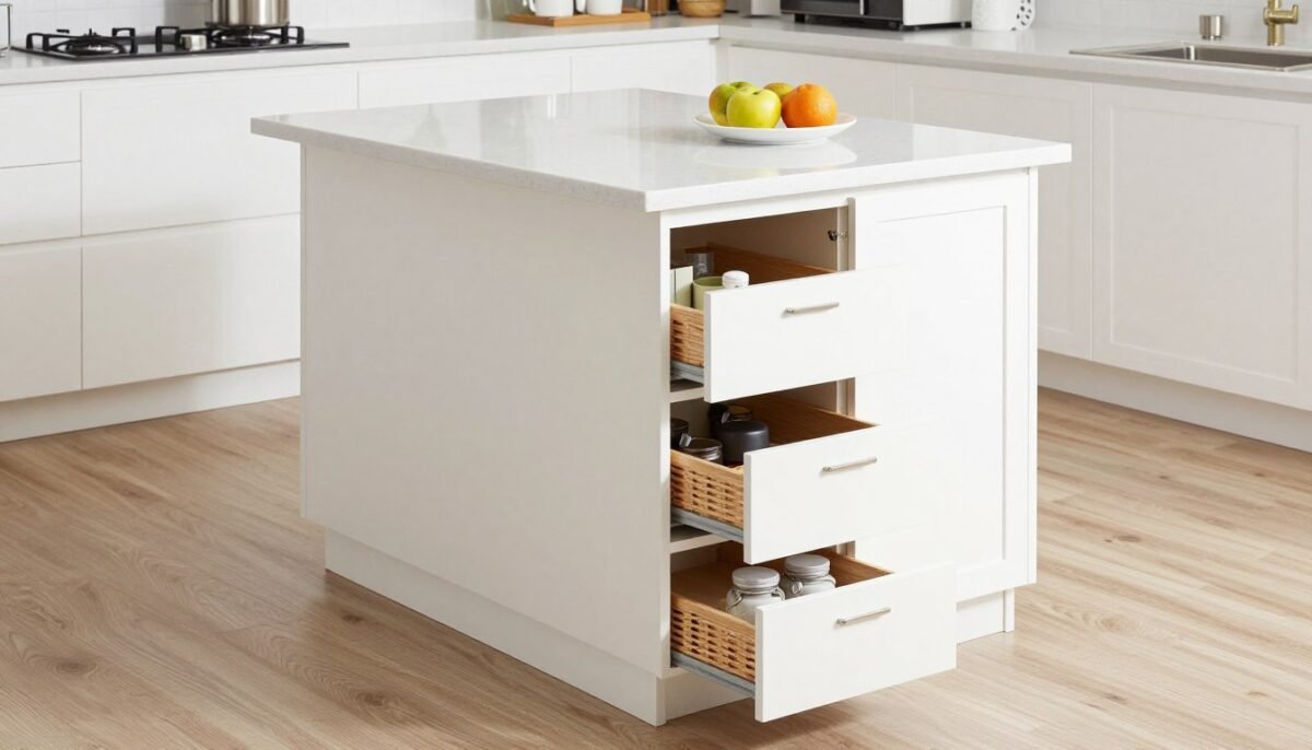 Custom built-in small kitchen island with specialized storage
