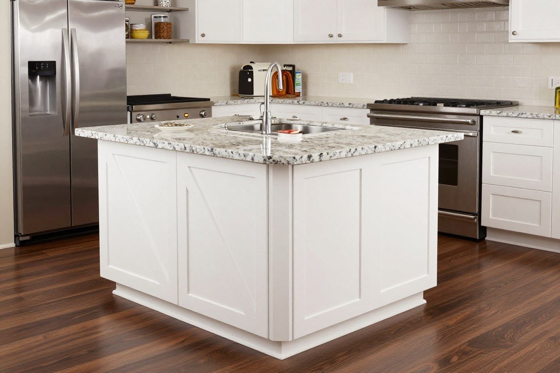 Custom corner-fitted kitchen island in angled space