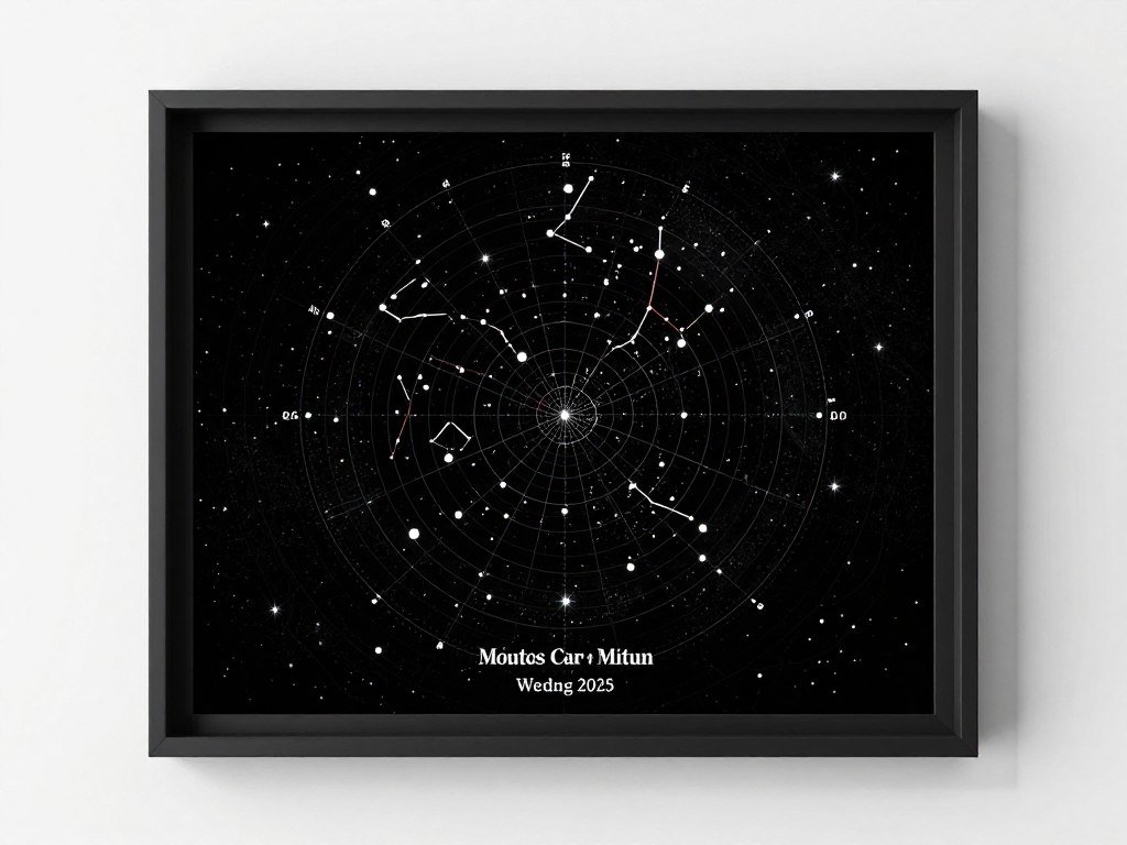 Custom star map showing constellation arrangement on wedding night in elegant frame