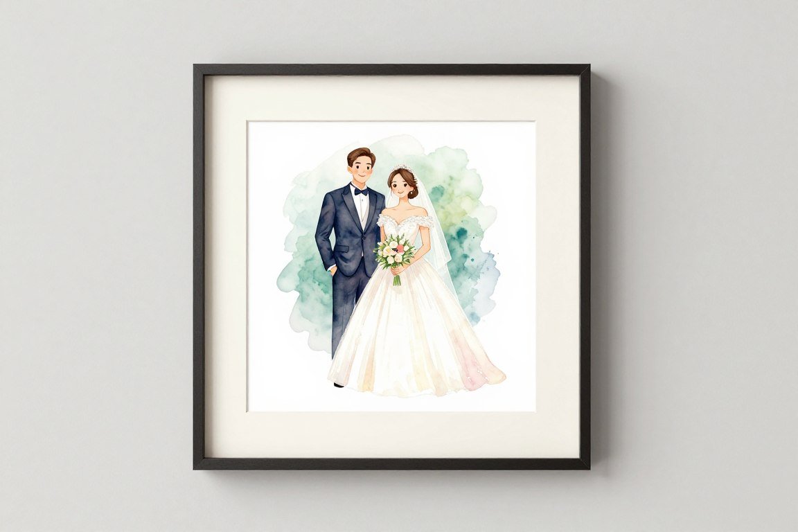 Custom watercolor portrait illustration of wedding couple in elegant frame