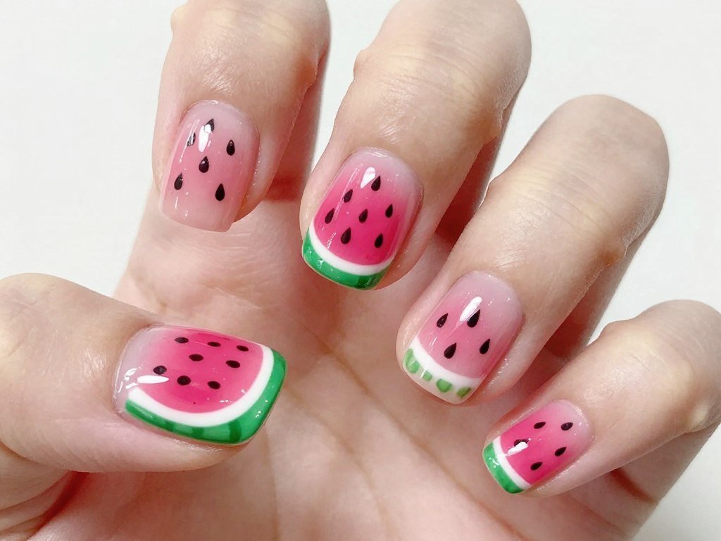 Cute watermelon slice design on June nails with pink red and green