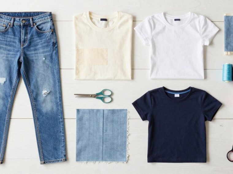 DIY clothes ideas collection showing various upcycled garments and craft supplies