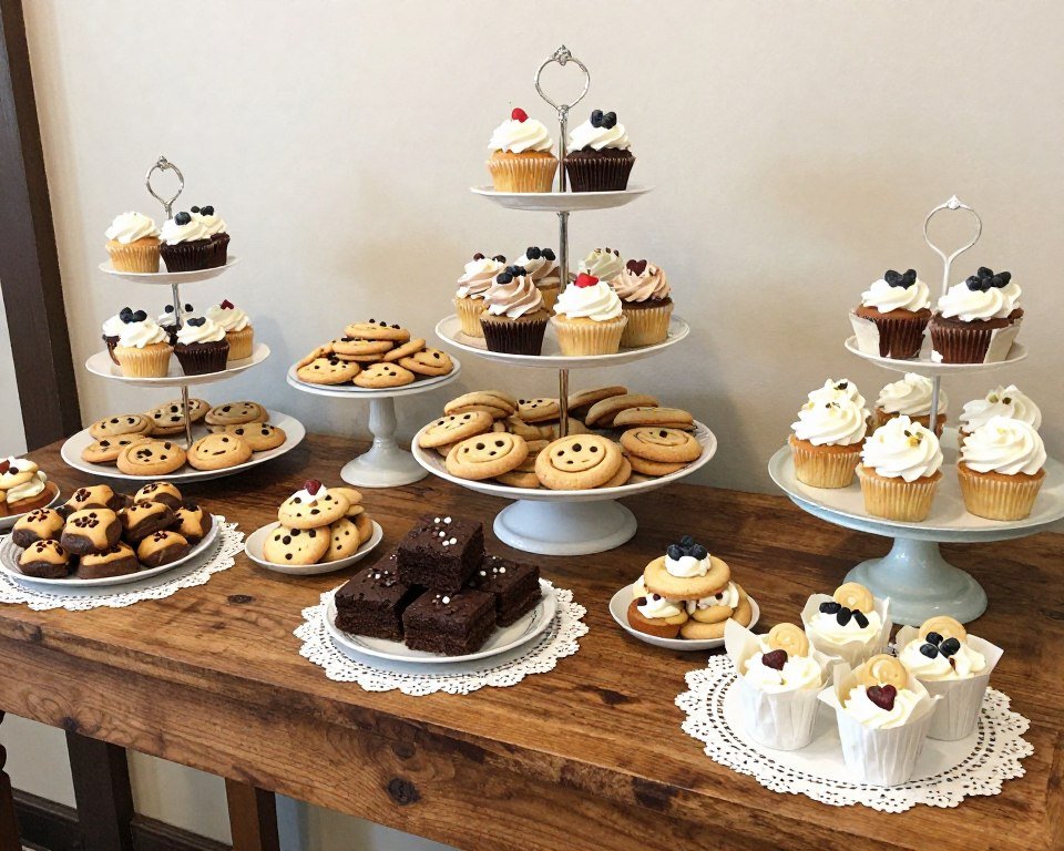 DIY dessert bar with variety of homemade treats and small cakes