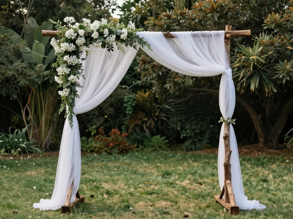 DIY floral wedding arch made with wooden branches and budget-friendly flowers