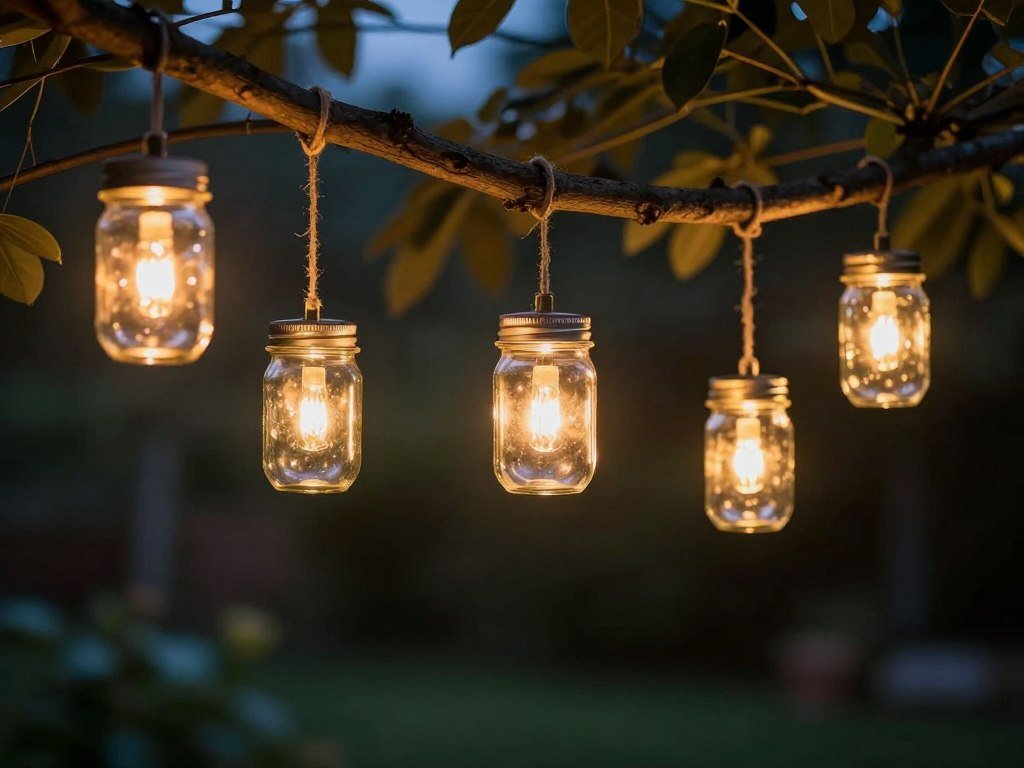 DIY mason jar solar lanterns hanging in garden creating evening ambiance