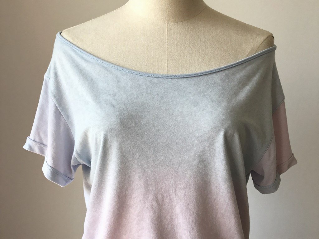 DIY off-shoulder top created from regular t-shirt