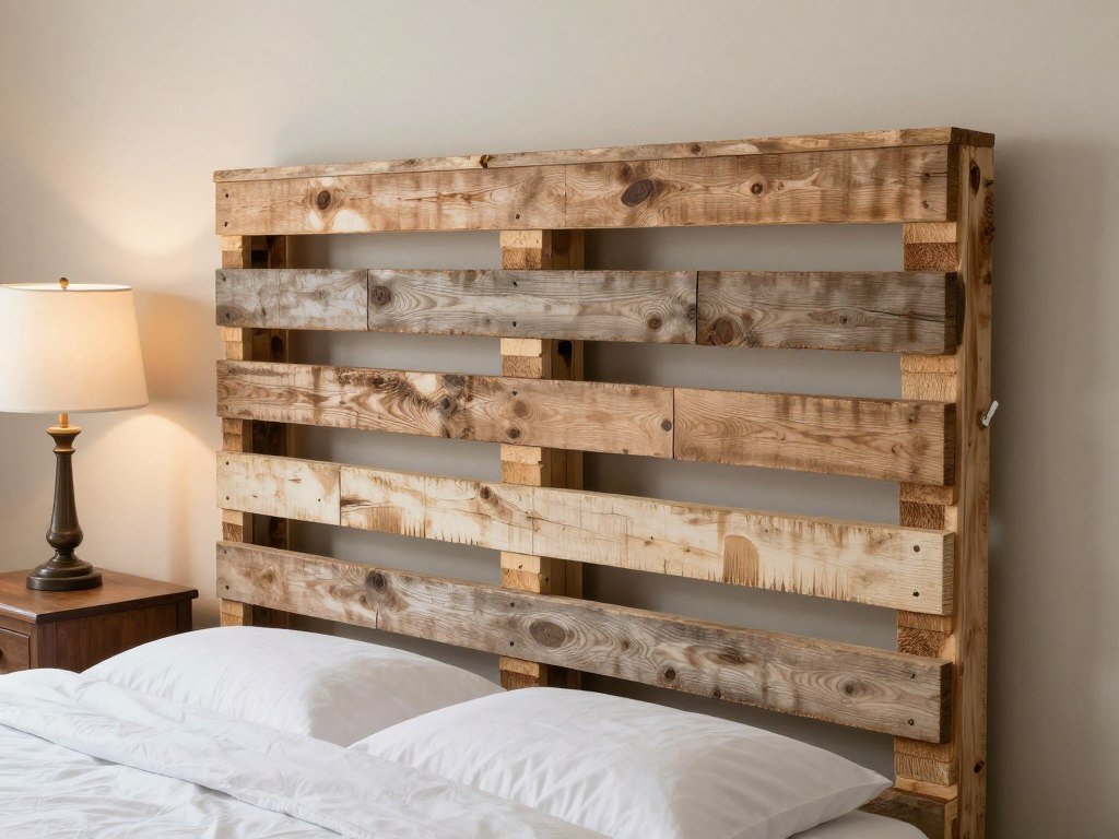 DIY pallet wood headboard with rustic weathered finish mounted behind bed in farmhouse style bedroom