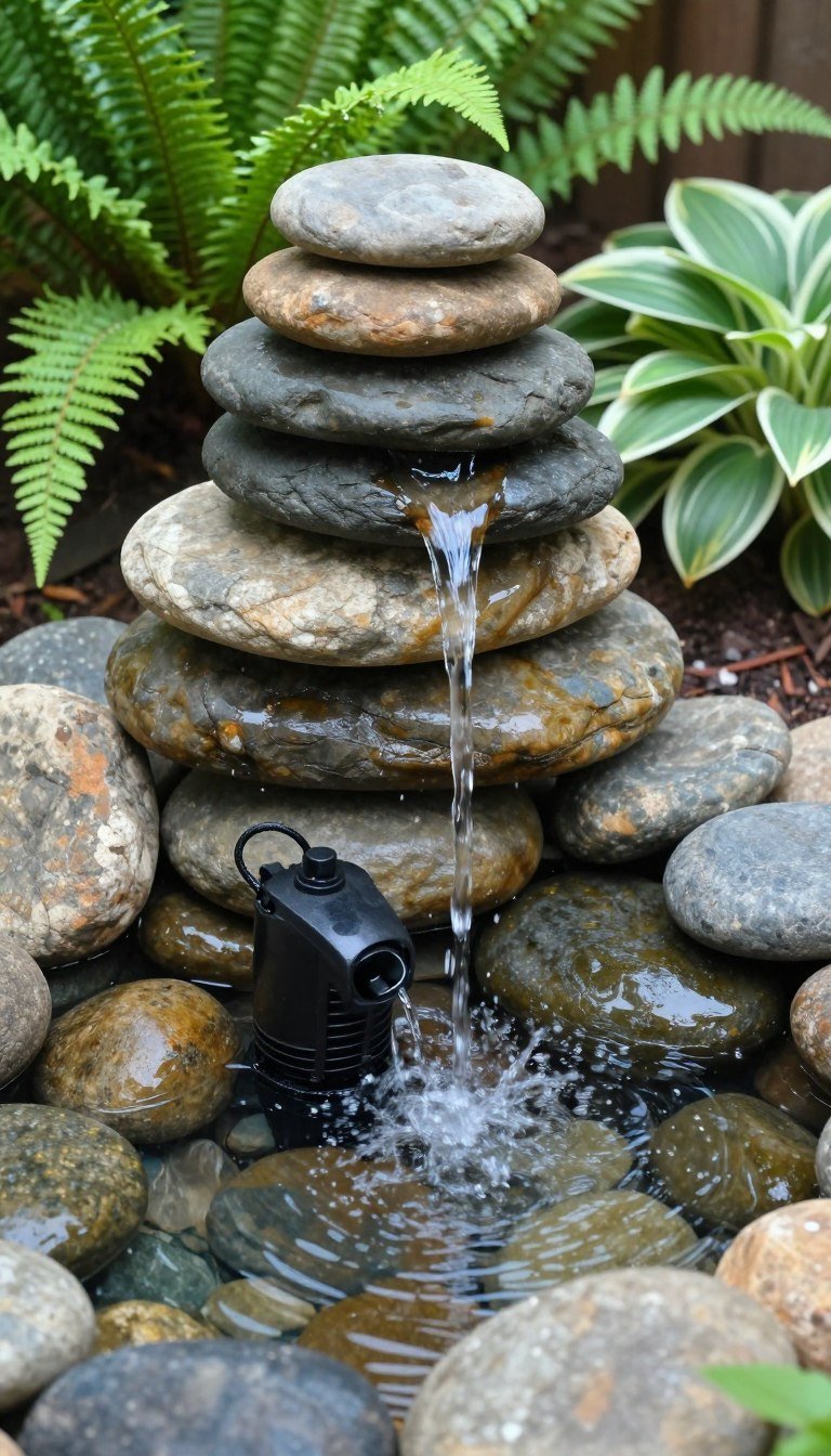 DIY stacked stone water fountain creating peaceful garden feature