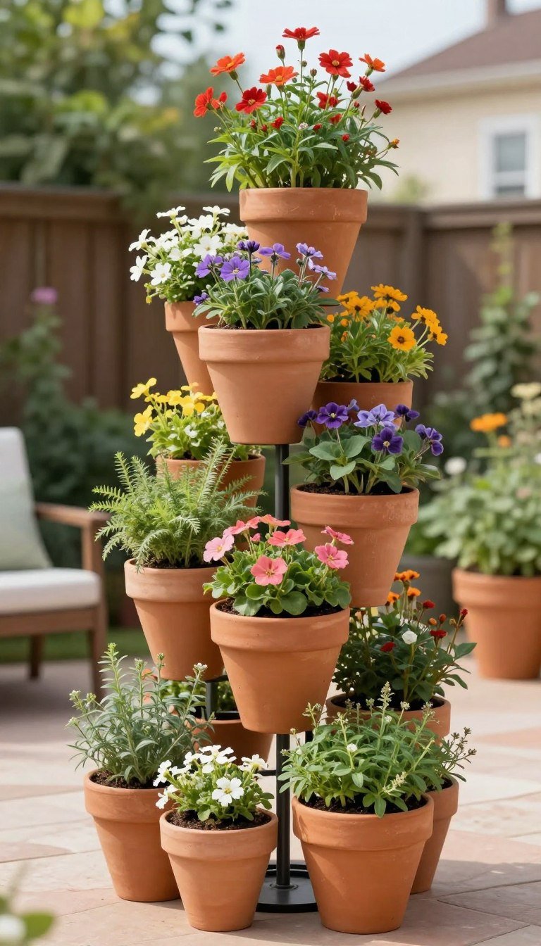 DIY stacked terracotta pot tower planter with multiple levels of flowering plants