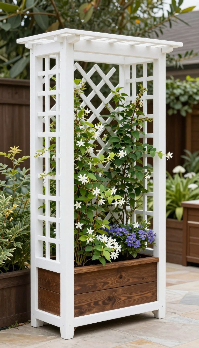 DIY tall planter box with trellis screen and climbing plants for privacy