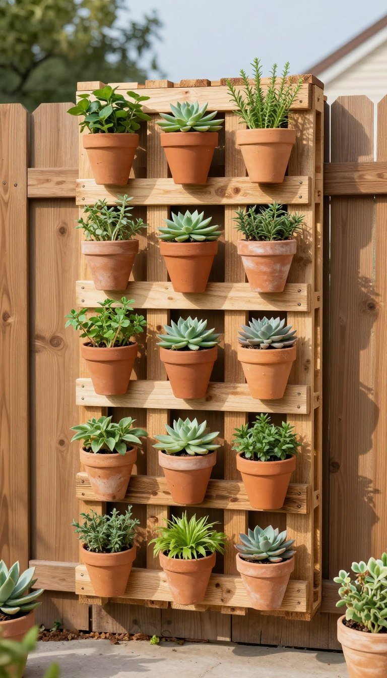 DIY vertical pallet garden wall with multiple potted plants and herbs