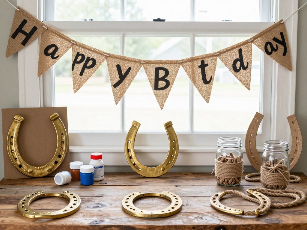 DIY western party decorations including painted horseshoes and burlap banner