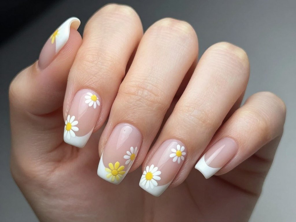 Daisy French tip June nails with white flowers on natural base
