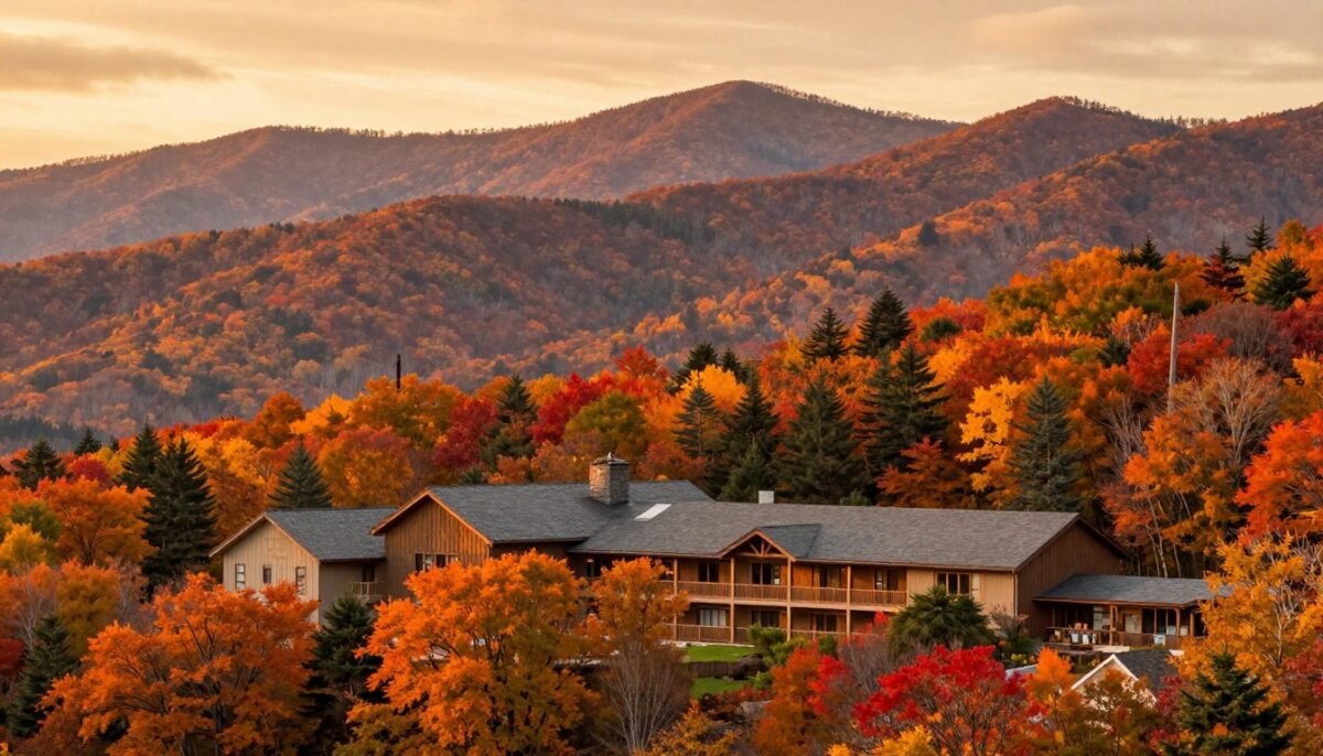 Dancing Bear Lodge during fall foliage season with colorful mountains