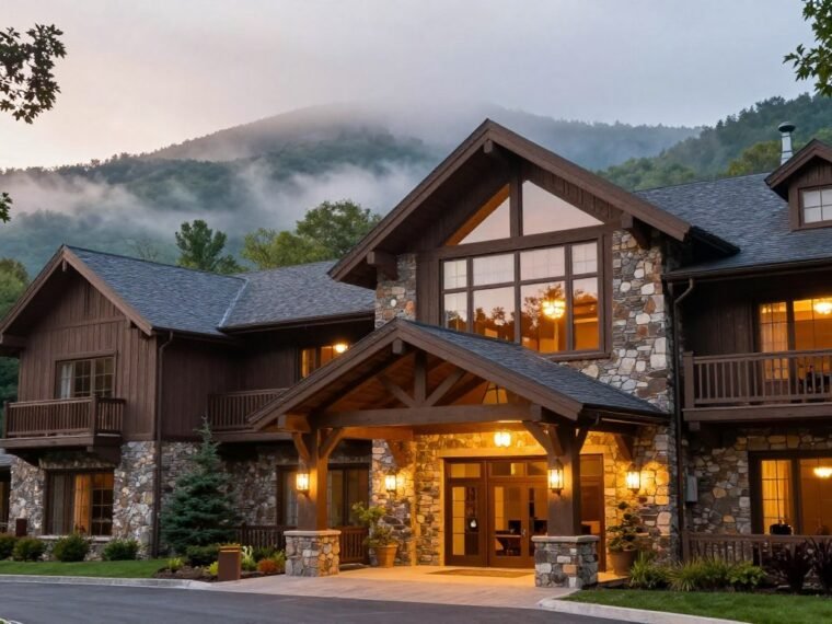 Dancing Bear Lodge nestled in the Great Smoky Mountains surrounded by lush forest