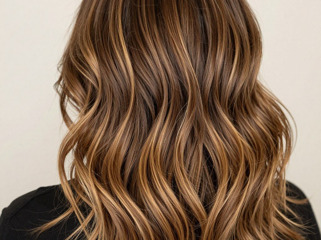 Dark blonde balayage on brown hair with rich dimensional tones