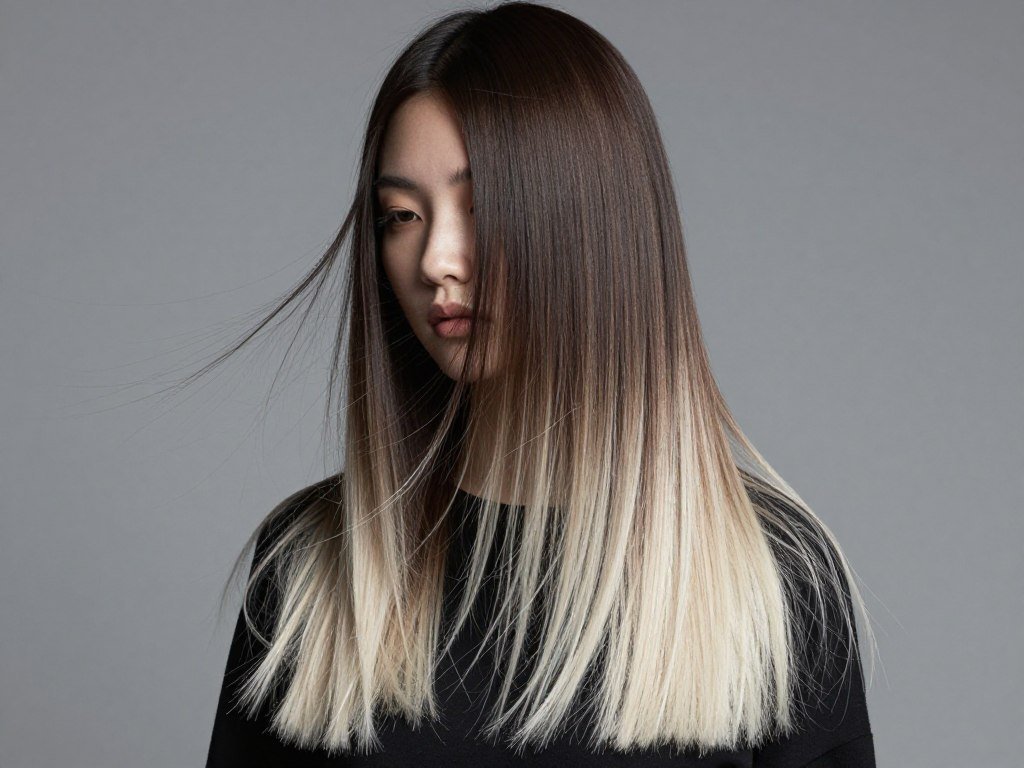 Dark brown hair with platinum blonde balayage ends showing high contrast