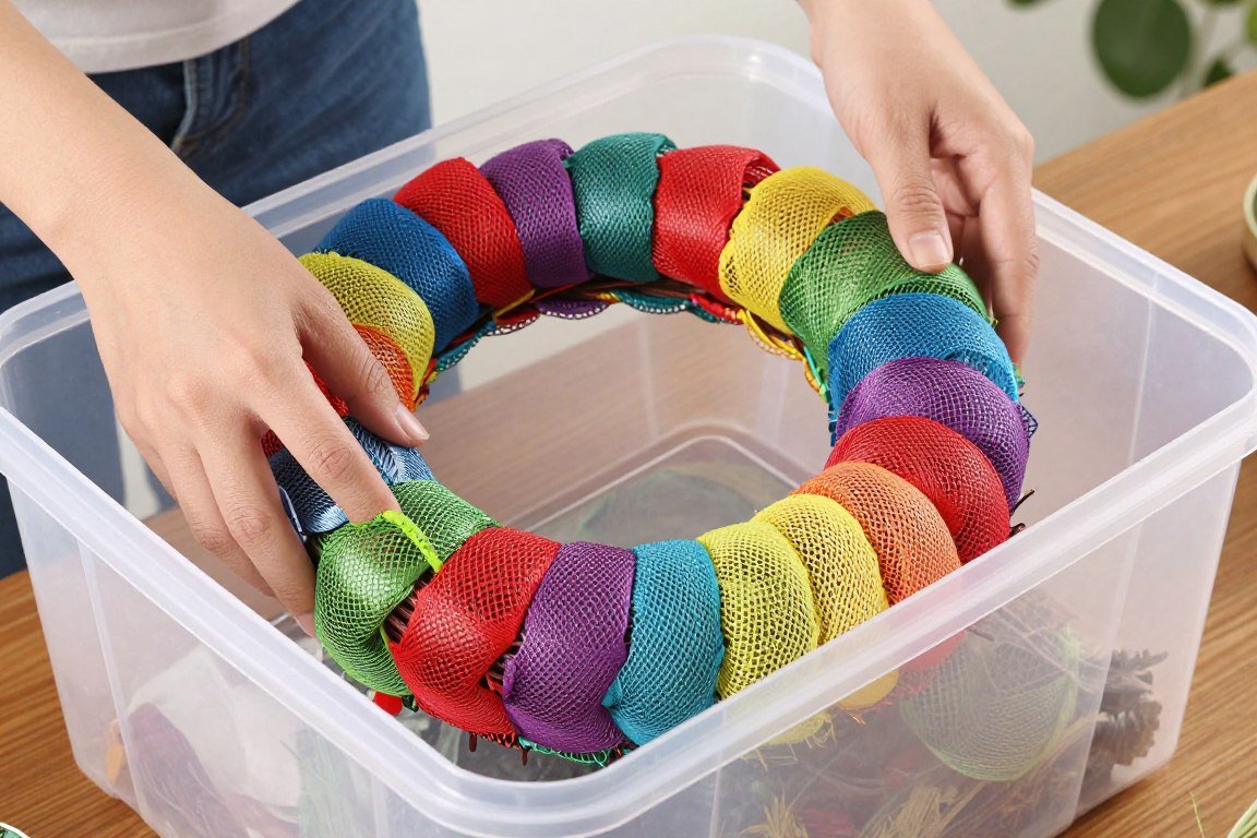 Deco mesh wreath being stored in protective plastic container