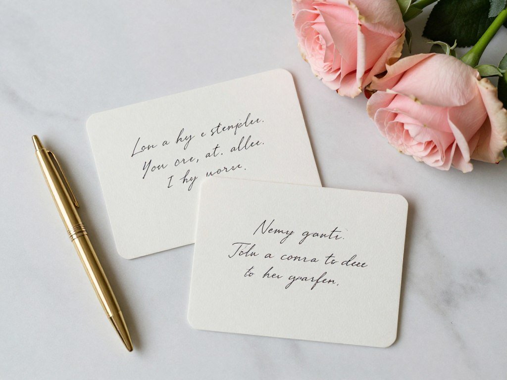 Decorated memory cards with handwritten messages and pen on table