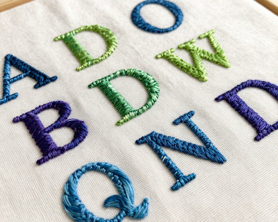Decorative hand embroidery letters using chain stitch technique with multiple colors creating textured alphabet