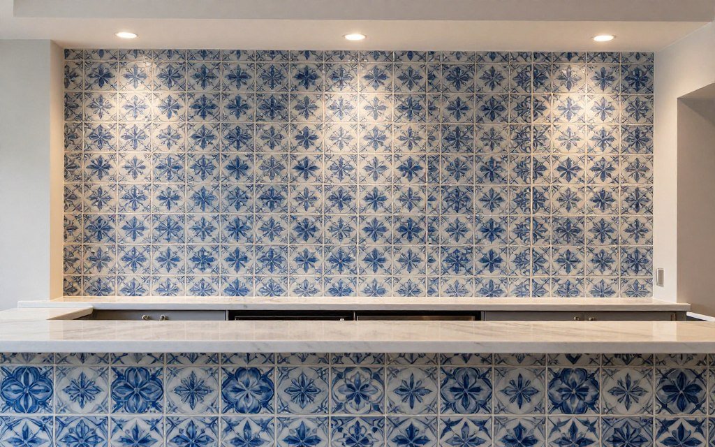 Decorative tile backsplash behind basement bar counter