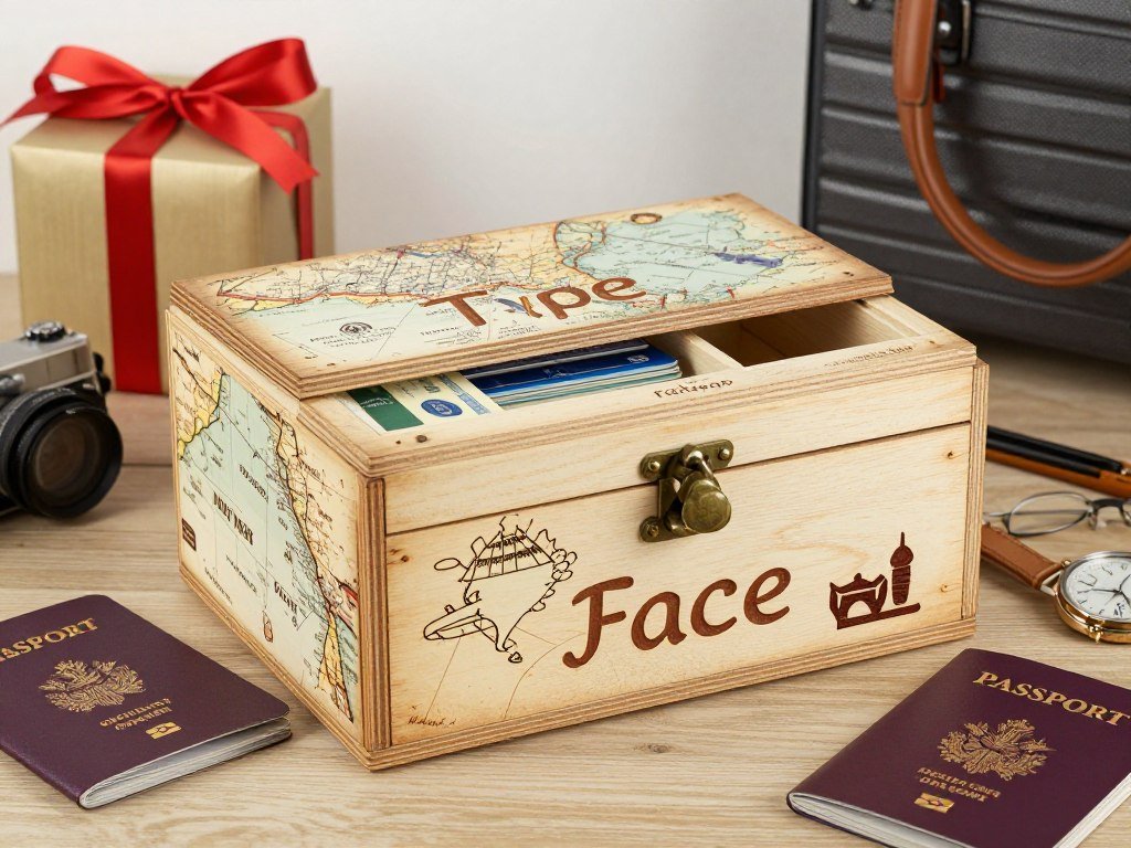 Decorative travel fund box with map design and personalized details