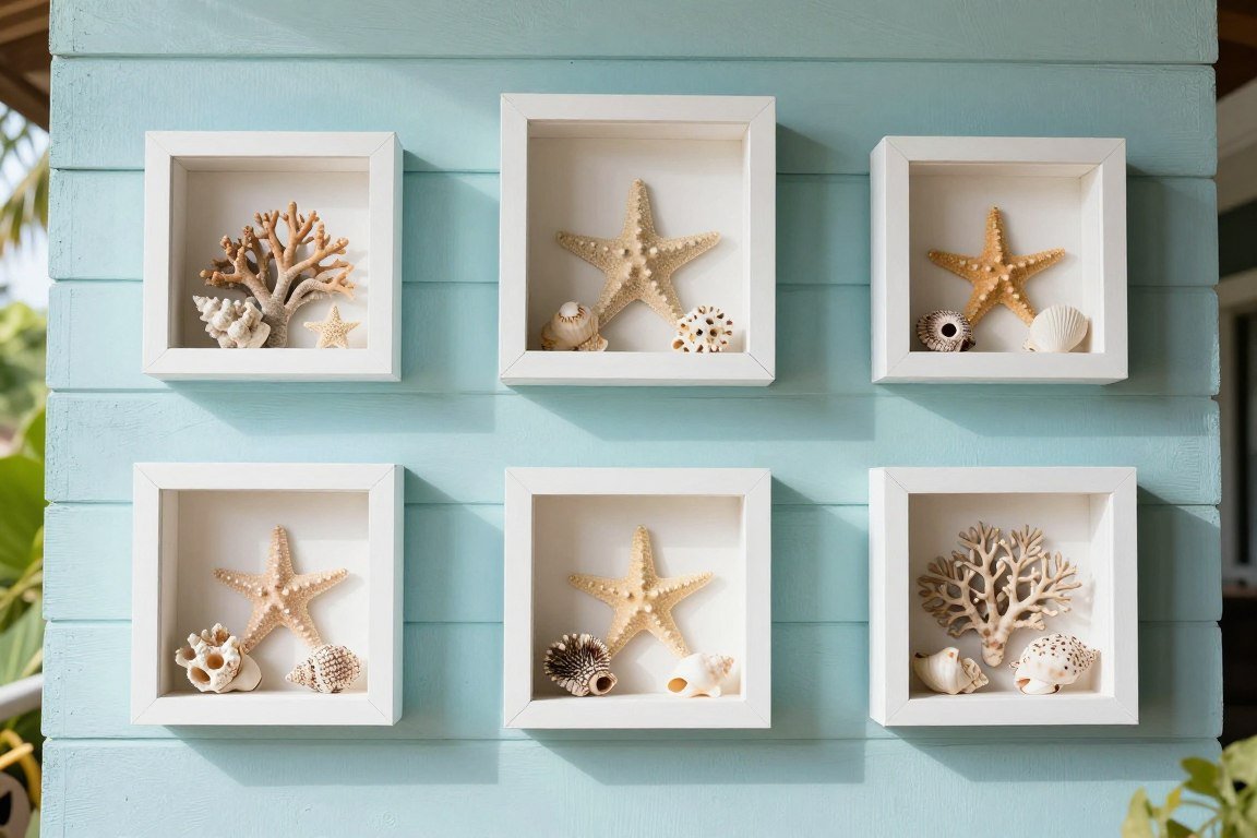 Decorative wall display with coral and seashells in shadow boxes