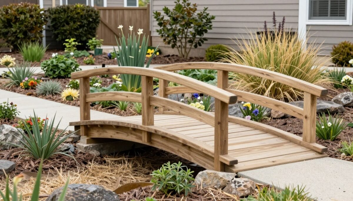 Decorative wooden bridge over dry creek bed