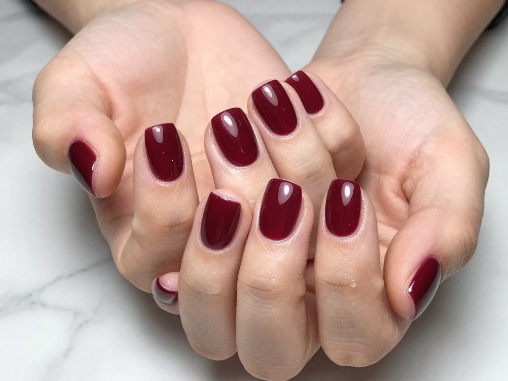 Deep burgundy October nails with glossy top coat on short square-shaped nails