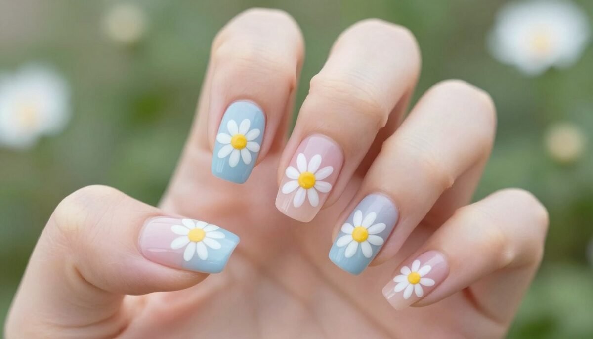 Delicate daisy flower nail art on light base perfect for July summer nails Delicate daisy flower nail art on light base perfect for July summer nails
